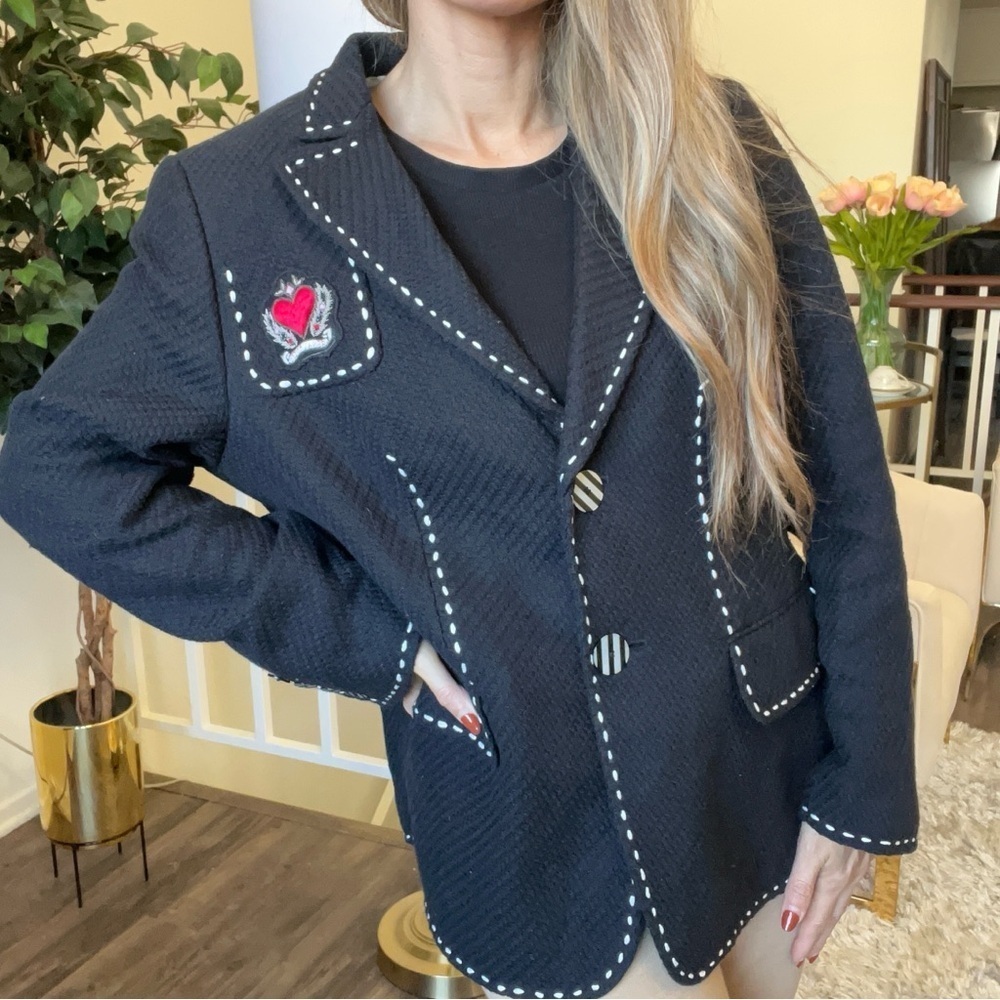 Rena Lange Black Single Breasted White Stitching Hem Blazer Logo Jacket Coat 16